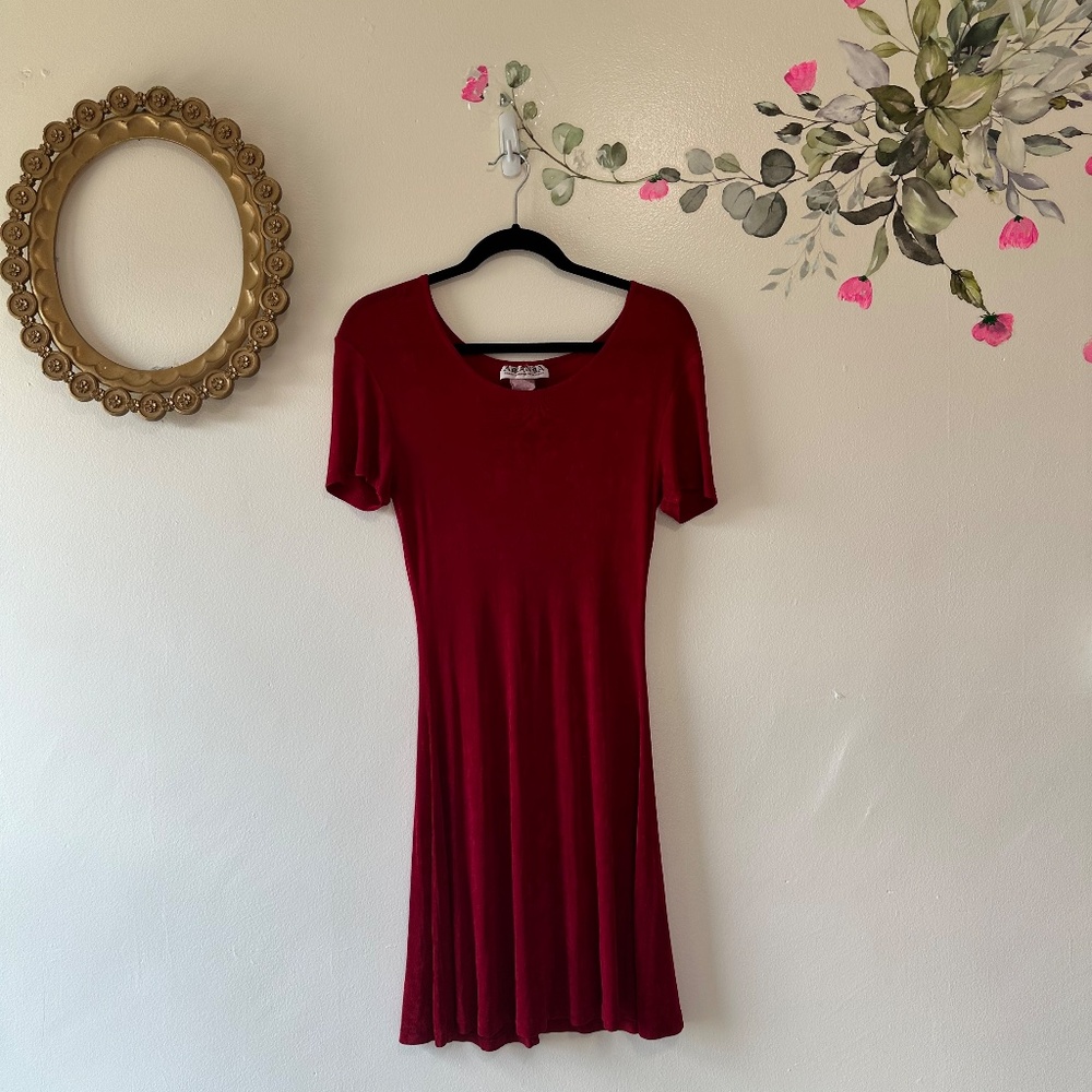 Vintage Amanda Paris London New York Ruby Red Short Sleeve Stretch Dress, Large